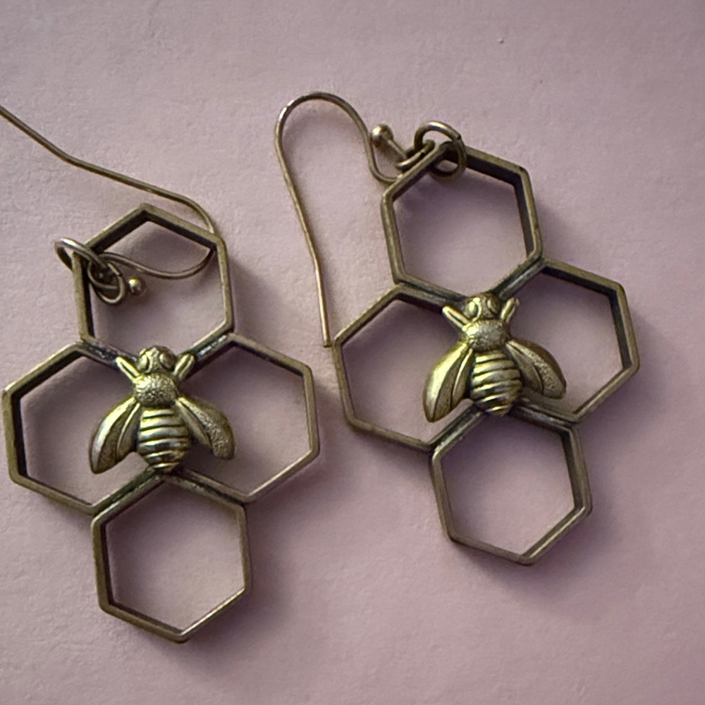 Gold Colored Honeycomb Bee Earrings